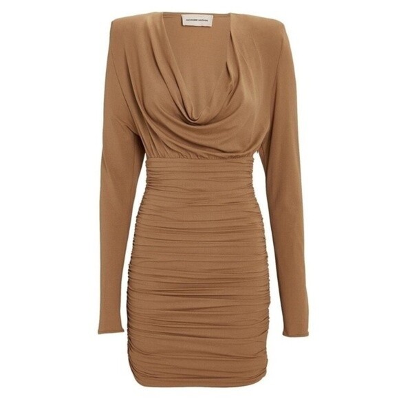 Alexandre Vauthier Draped Jersey Cowl Neck Mini Dress Tan NWT Womens Size 6 / 38 - Picture 4 of 13